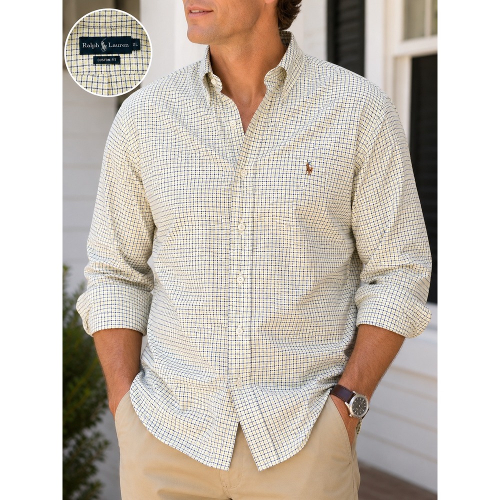 Ralph Lauren Button Down Mens XL Yellow Navy Tattersall Check Custom Fit Cotton